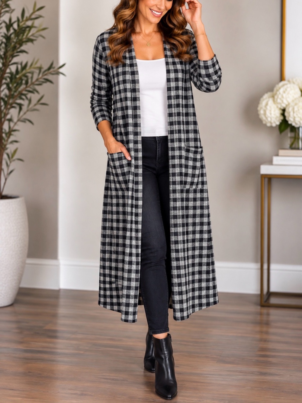 LuLaRoe Black and White Plaid Long Open Cardigan